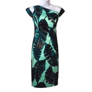 ASOS Green Palm Leaf Tropical Boned Fitted Occassion Bardot Dress Size: 2